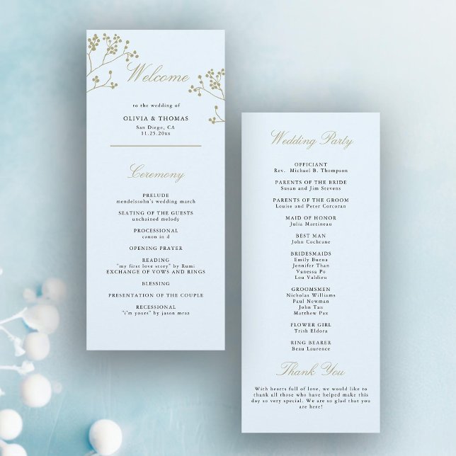Programme Végétation d'hiver Ice Bleu Or Elégant jour de mar (winter greenery wedding program elegant modern classic ice blue gold berries minimalist traditional)