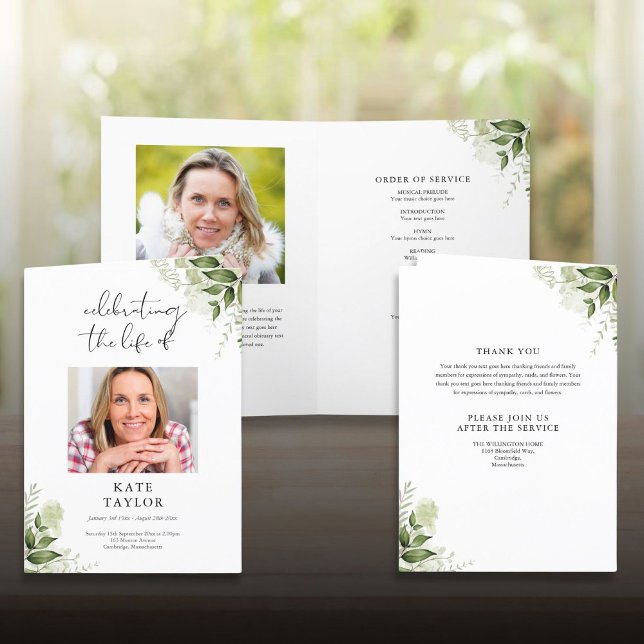 Programme Verdure Funérailles Florales Ordre de service plié (Greenery Floral Funeral Order Of Service Folded Program)