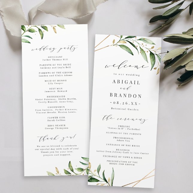 Programme Verdure moderne or géométrique Mariage rustique gé (Modern Greenery Gold Geometric Rustic Wedding Program)