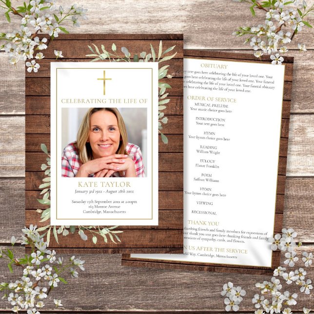 Programme Verdure Rustique Funérailles chrétiennes Ordre du  (Rustic Greenery Christian Funeral Order Of Service Program)