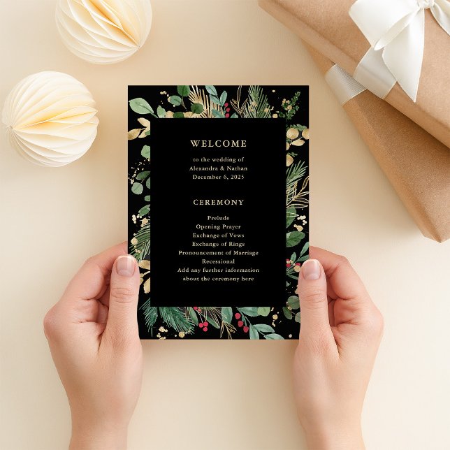 Programme Vert doré Noir | Mariage de vacances (An elegant, dark black program with gold accents for your Christmas holiday wedding)