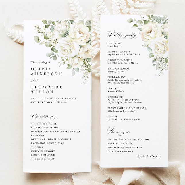 Programme Vert élégant de mariage de cérémonie florale blanc (Sage green white floral wedding program card, watercolor modern classic order of ceremony stationery)