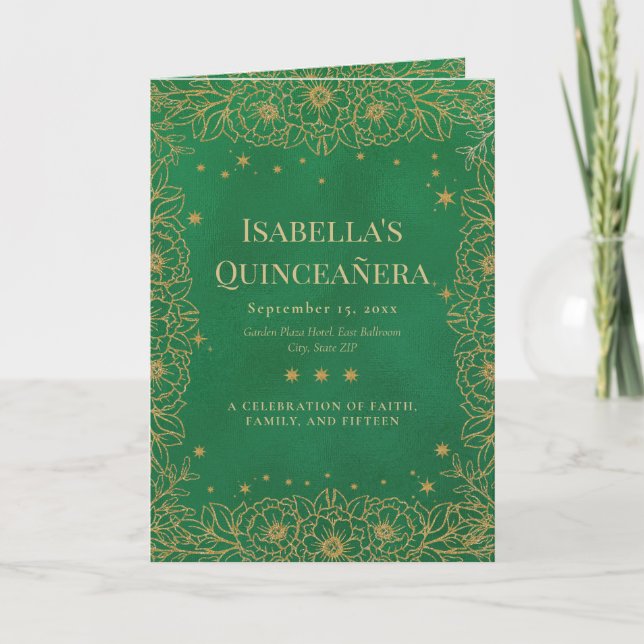 Programme Vert émeraude Or floral Quinceañera  (Devant)