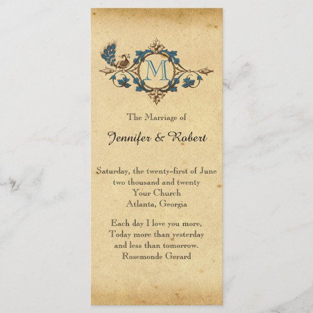 Programme vintage de mariage de monogramme de paon (Devant)