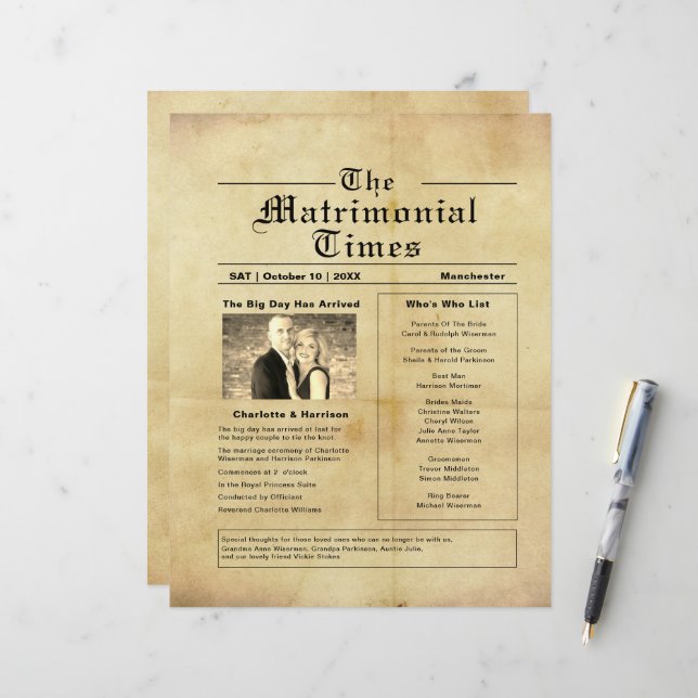 Programme vintage de mariage style journal (Devant/Arrière en situation)