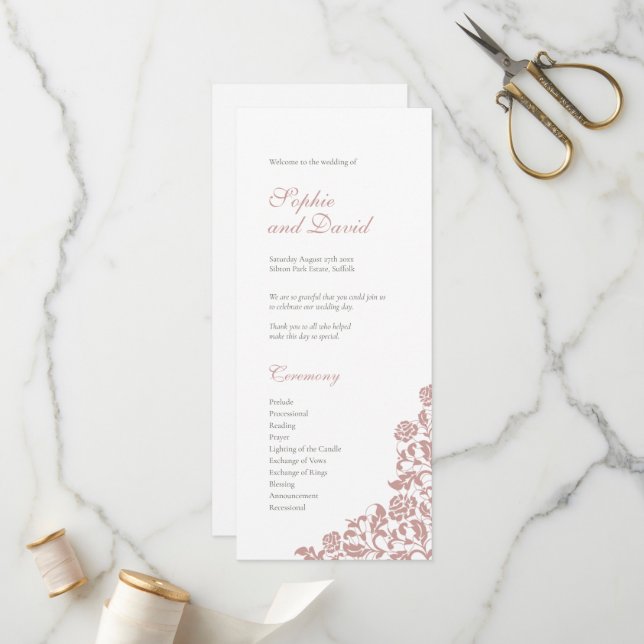 Programme Vintage Dusty Rose Mariage en dentelle rose (Devant/Arrière en situation)