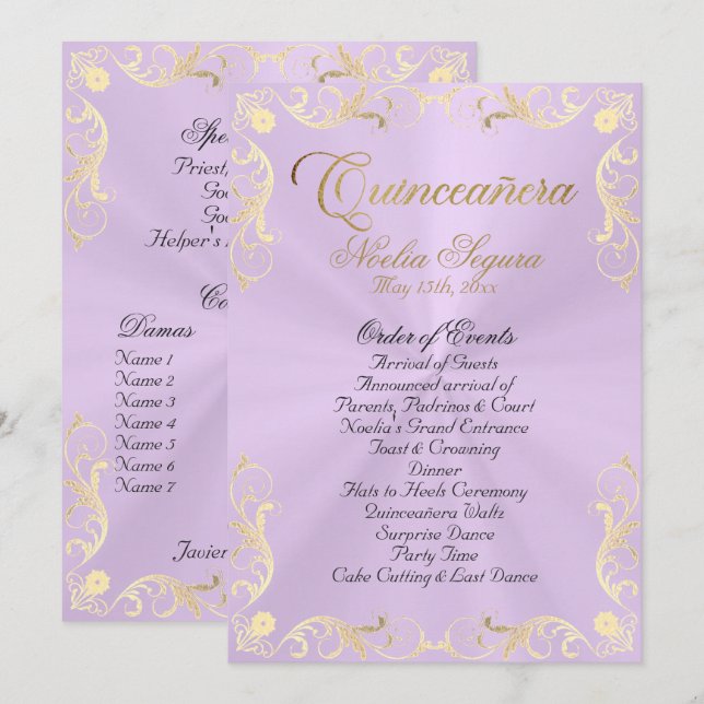 Programme Vintage Frame Quinceanera Program - Lavender/Gold (Devant / Derrière)