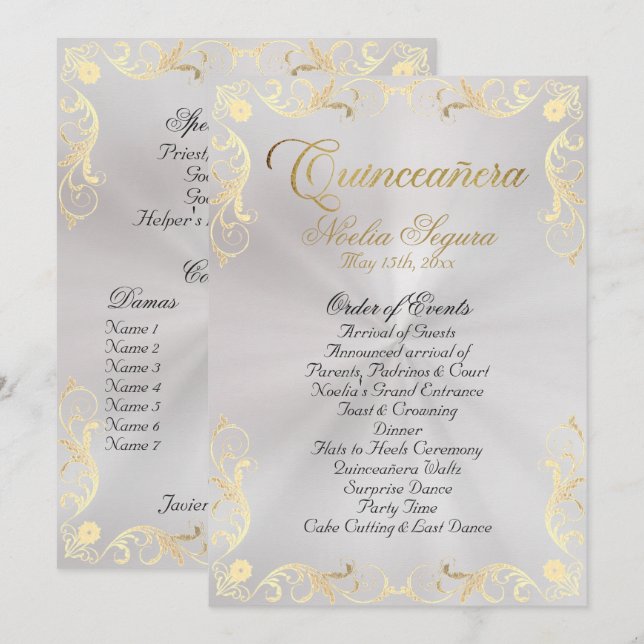 Programme Vintage Frame Quinceanera Program - Pearl/Gold (Devant / Derrière)