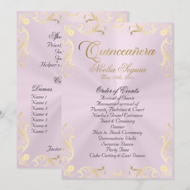 Programme Vintage Frame Quinceanera Program - Pink/Gold (Devant / Derrière)