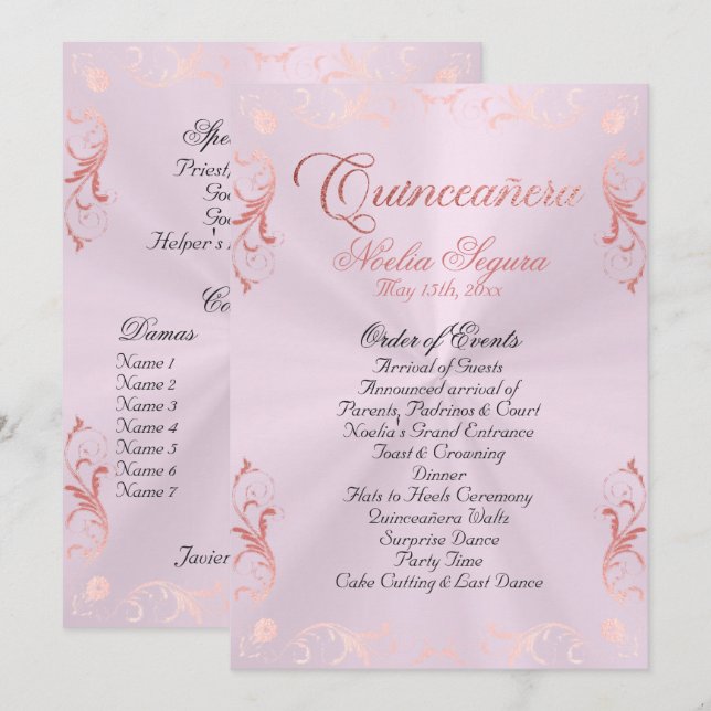 Programme Vintage Frame Quinceanera Program - Pink/Rose Gold (Devant / Derrière)