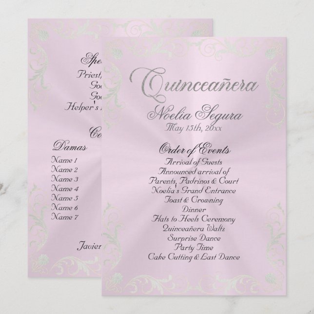 Programme Vintage Frame Quinceanera Program - Pink/Silver (Devant / Derrière)