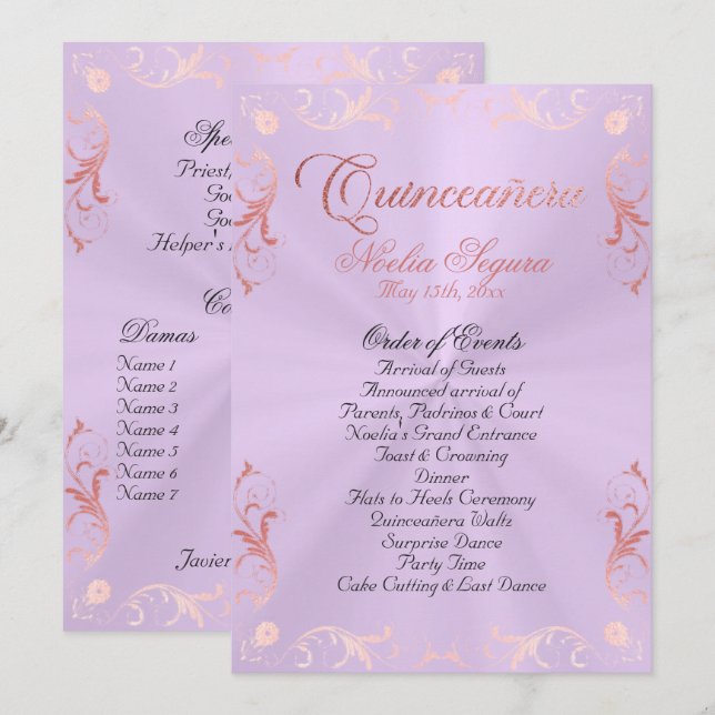Programme Vintage Quinceanera Program -Lavender/Rose Gold (Devant / Derrière)