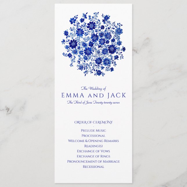 Programme Watercolor Blue Bouquet Wedding Order of Ceremony (Devant)