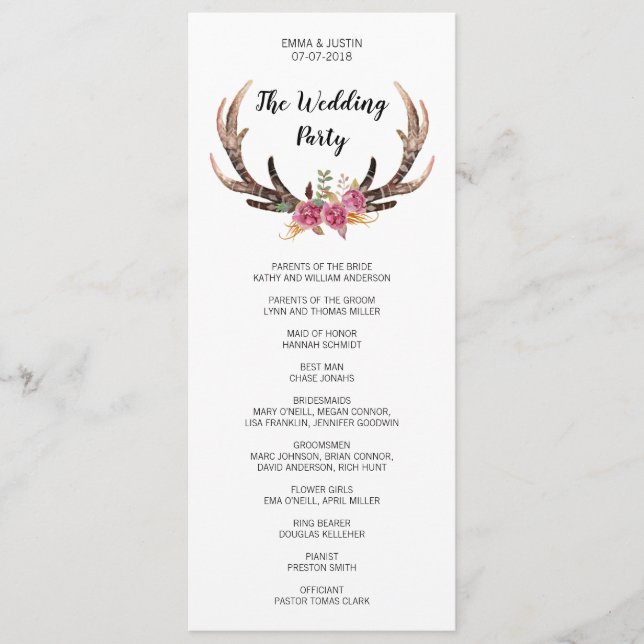 Programme Watercolor Deer Antlers Mariage campagnard bohème (Devant)