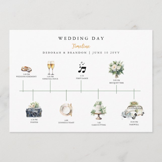 Programme Watercolor Illustrated Wedding day Timeline  (Devant)