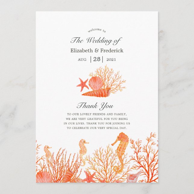 Programme Watercolor Living Coral Beach Wedding (Devant)