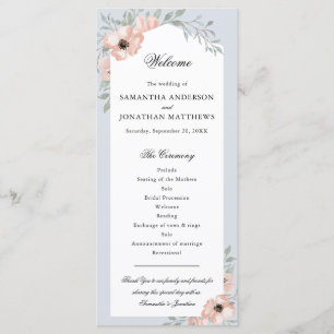 Programme Watercolor Peach Floral Dusty Blue Wedding Program