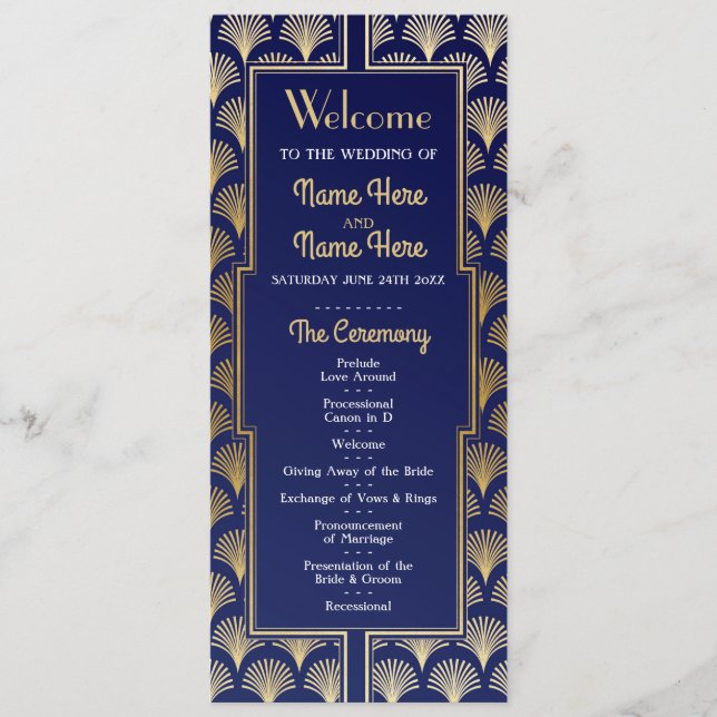 Programme Watercolor Wedding Program 1920's Art Déco Gold (Devant)