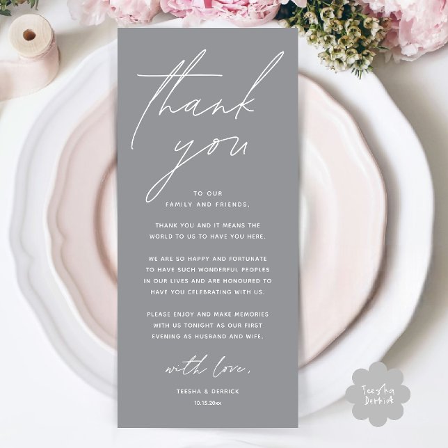 Programme Wedding Minimalist Wedding Dinner Thank You Card (Wedding Minimalist Wedding Dinner Brunch Lunch Reception Thank You Card in Chill Grey)