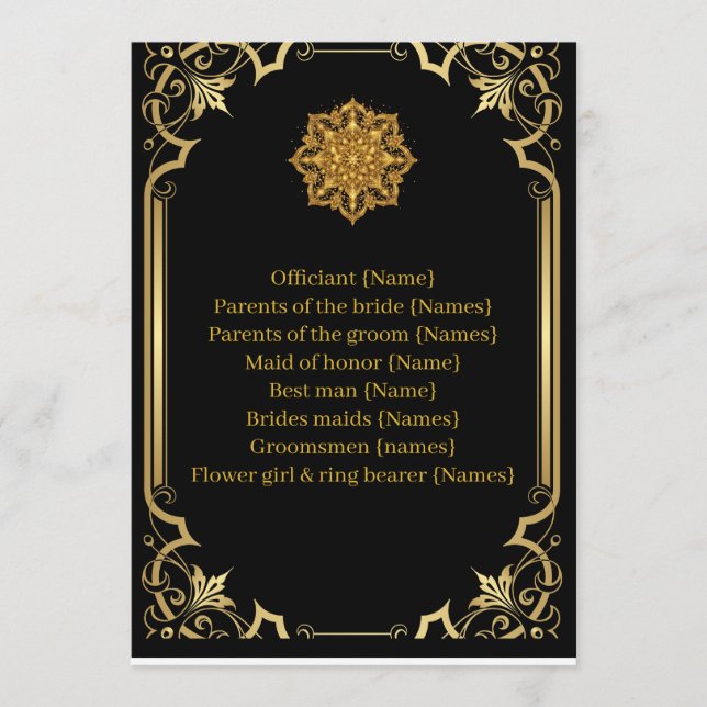 Programme Wedding Program Mandala Luxury Black and Gold  (Devant)