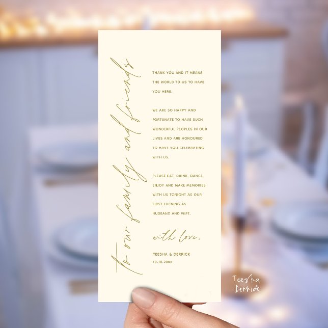 Programme Wedding Reception Dinner Modern Thank You Card (Welcome and thanks, Modern Wedding Reception Dinner Thank You card, family friends in yellow gold)