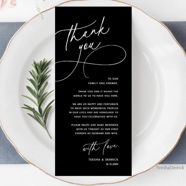 Programme Wedding Table Thank You Elegant Reception Card (Wedding Table Thank You Elegant Reception Dinner Card in black and white)