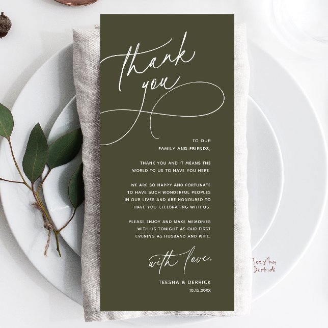 Programme Wedding Table Thank You Elegant Reception Card (Wedding Table Thank You Elegant Reception Dinner Card in olive green)