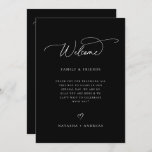 Programme Wedding Welcome Weekend Timeline<br><div class="desc">Modern minimalist wedding welcome and weekend event timeline program card in black and white. Template features,  welcome message on front and weekend itinerary timeline on back.  Wedding day icons timeline includes rings,  cocktail,  meal setting,  cake,  music note and car.</div>