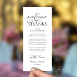 Programme "Welcome and Thanks" Classy Reception Guest Card<br><div class="desc">Make a heartfelt first impression at your wedding reception with this sophisticated "Welcome & Thanks" place card—designed to rest beautifully on each guest’s plate, in black and white theme. Featuring graceful script typography and a timeless layout, this elegant card warmly greets your loved ones while expressing gratitude for sharing your...</div>