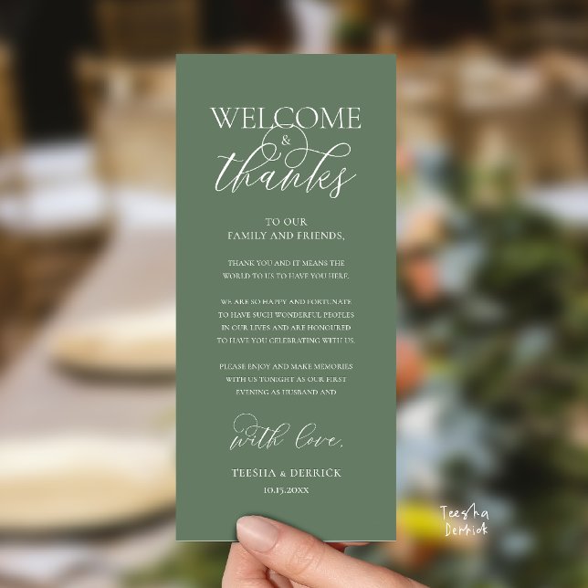 Programme "Welcome and Thanks" Elegant Reception Guest Card ("Welcome and Thanks" Elegant Wedding Reception Guest Thank you Card in Sage Green)