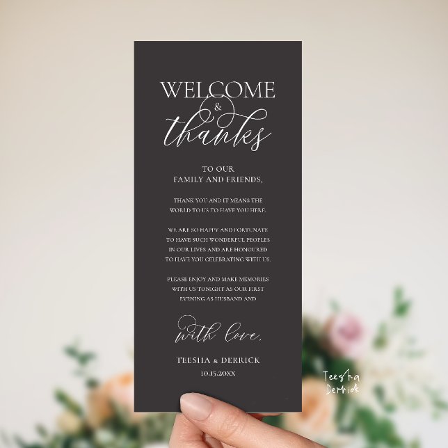 Programme "Welcome and Thanks" Elegant Reception Guest Card ("Welcome and Thanks" Elegant Wedding Reception Guest Thank you Card in Charcoal Grey)