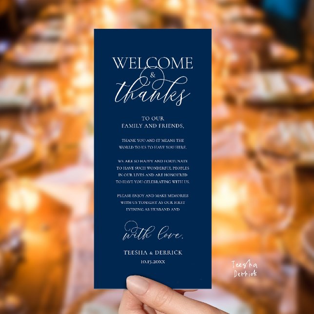 Programme "Welcome and Thanks" Elegant Reception Guest Card ("Welcome and Thanks" Elegant Wedding Reception Guest Thank you Card in Navy Blue)