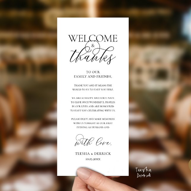 Programme "Welcome and Thanks" Elegant Reception Guest Card ("Welcome and Thanks" Elegant Wedding Reception Guest Thank you Card in Black and white)