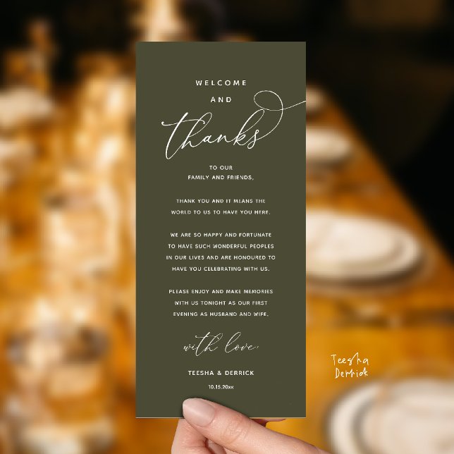 Programme "Welcome and Thanks" Elegant Reception Guest Card (Modern Elegant Wedding Reception "Welcome and Thanks" Table Card for Guest in Olive Green)