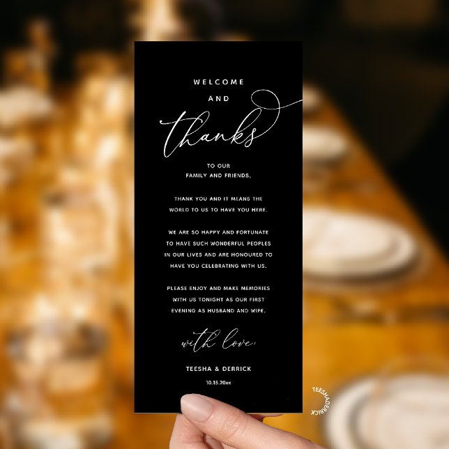 Programme "Welcome and Thanks" Elegant Reception Guest Card (Modern Elegant Wedding Reception "Welcome and Thanks" Table Card for Guest in Black White)