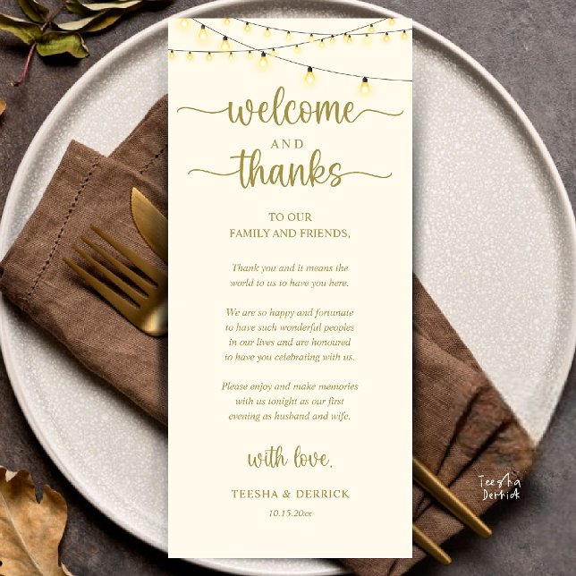 Programme "Welcome and Thanks" Rustic Reception Guest Card ("Welcome and Thanks" Rustic Reception dinner Guest thank you Card in string lights yellow gold)
