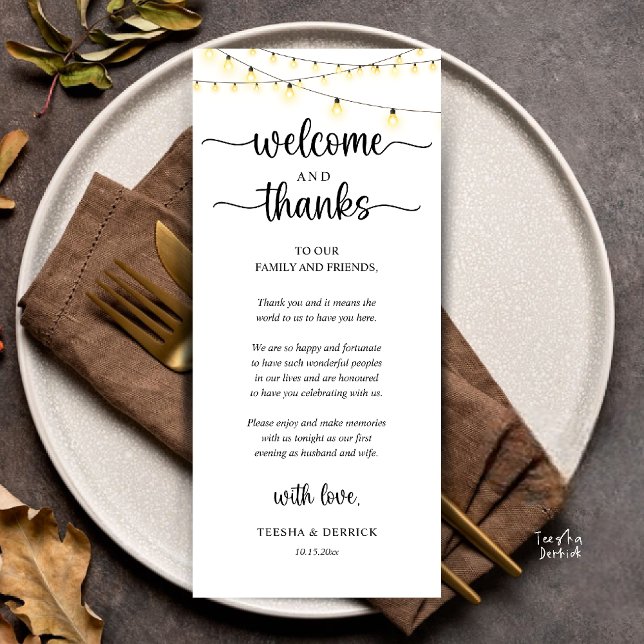 Programme "Welcome and Thanks" Rustic Reception Guest Card ("Welcome and Thanks" Rustic Reception dinner Guest thank you Card in string lights black and white)