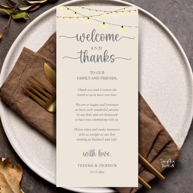 Programme "Welcome and Thanks" Rustic Reception Guest Card ("Welcome and Thanks" Rustic Reception dinner Guest thank you Card in string lights cream grey)