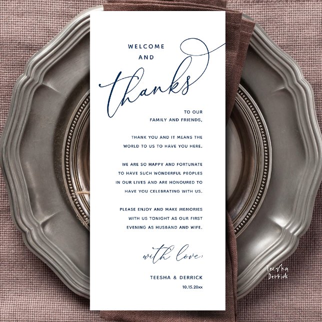 Programme Welcome and Thanks, Wedding Dinner Thank You Card (Welcome and Thanks, Happily Ever After Modern Wedding Dinner Thank You Card in Classy Navy Blue)