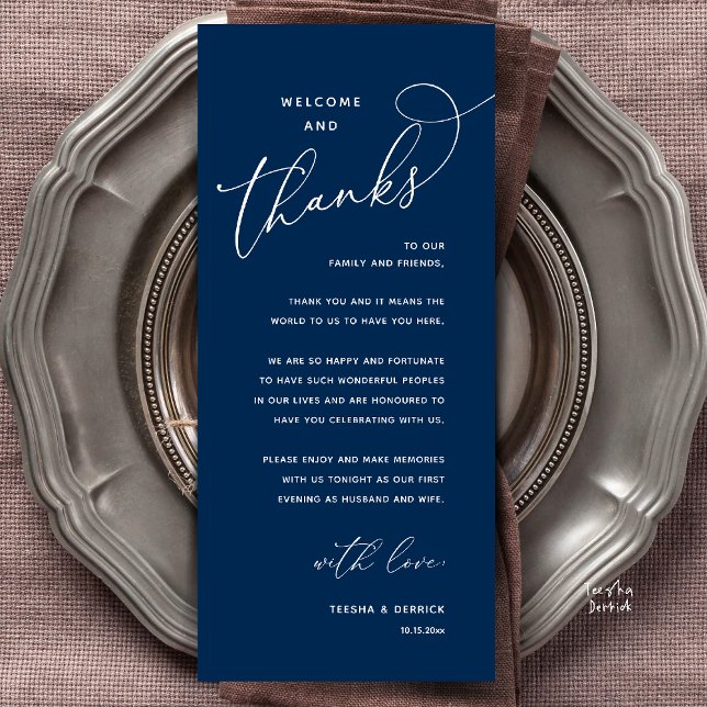 Programme Welcome and Thanks, Wedding Dinner Thank You Card (Welcome and Thanks, Happily Ever After Modern Wedding Dinner Thank You Card in Classy Navy Blue)