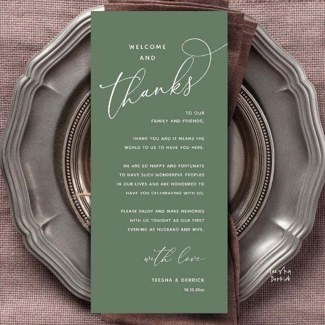 Programme Welcome and Thanks, Wedding Dinner Thank You Card (Welcome and Thanks, Happily Ever After Modern Wedding Dinner Thank You Card in Classy Sage Green)