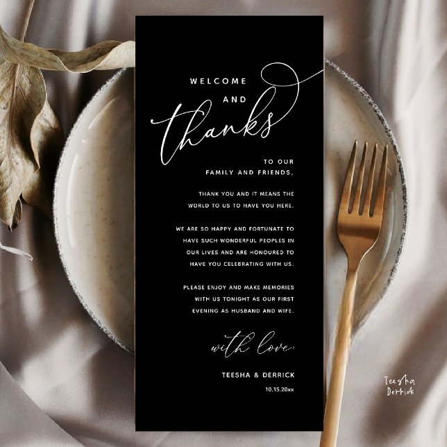 Programme Welcome and Thanks, Wedding Dinner Thank You Card (Welcome n Thanks Wedding Reception Dinner Brunch Lunch Thank You Card in Black White)