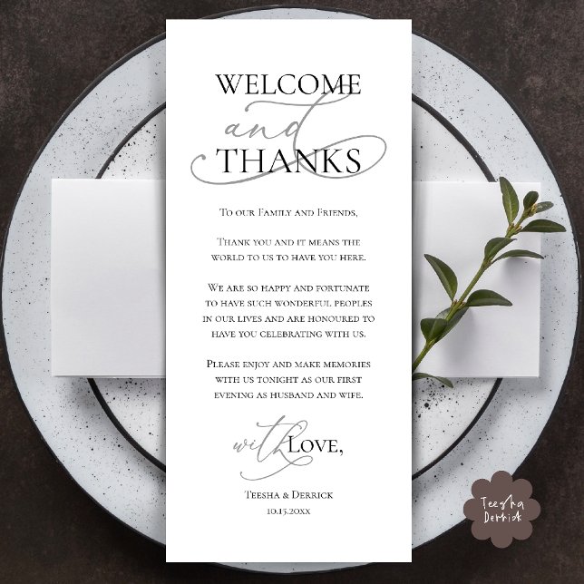Programme Welcome and Thanks, Wedding Dinner Thank You Card (Welcome and Thanks, Wedding Dinner Thank You Card in Black Grey)