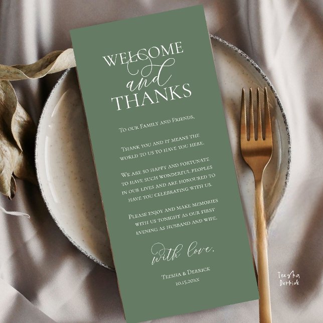 Programme Welcome and Thanks Wedding Dinner Thank You Card (Welcome and Thanks Wedding Reception Dinner Thank You Card in Sage Green)