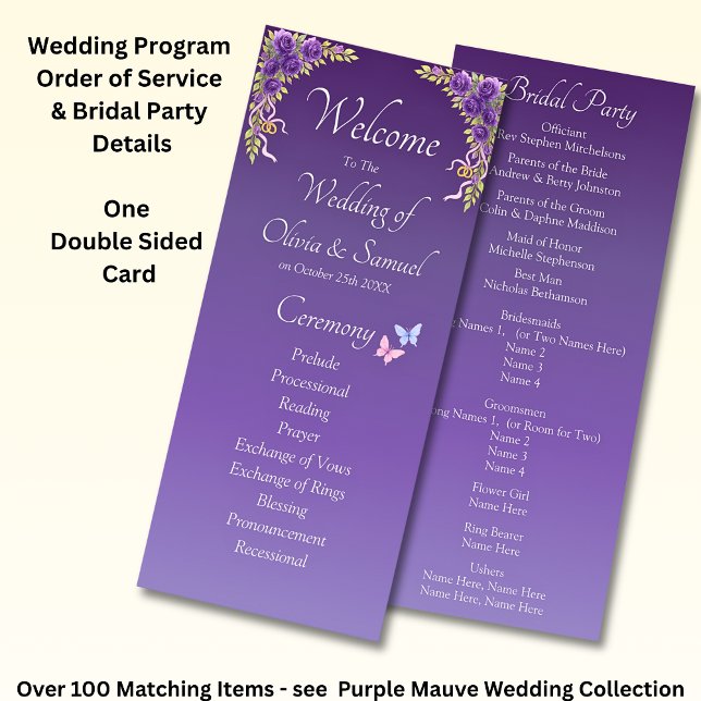 Programme Welcome to Wedding Ceremony, Purple Mauve Flowers  (Créateur téléchargé)
