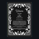 Programme Western Country Cowboy Rustic Mariage Itinéraire<br><div class="desc">Un design moderne de cowboy occidental avec des éléments dessinés à la main d'un crâne de vache, des fers à cheval, des ornements floraux et des cactus. Le mariage à bordure florale noir et blanc est orné de fleurs dessinées à la main, de cactus, de crâne de vache et de...</div>