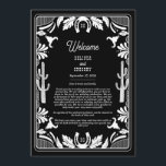 Programme Western Country Cowboy Rustic Mariage Itinéraire<br><div class="desc">Un design moderne de cowboy occidental avec des éléments dessinés à la main d'un crâne de vache, des fers à cheval, des ornements floraux et des cactus. Le mariage à bordure florale noir et blanc est orné de fleurs dessinées à la main, de cactus, de crâne de vache et de...</div>
