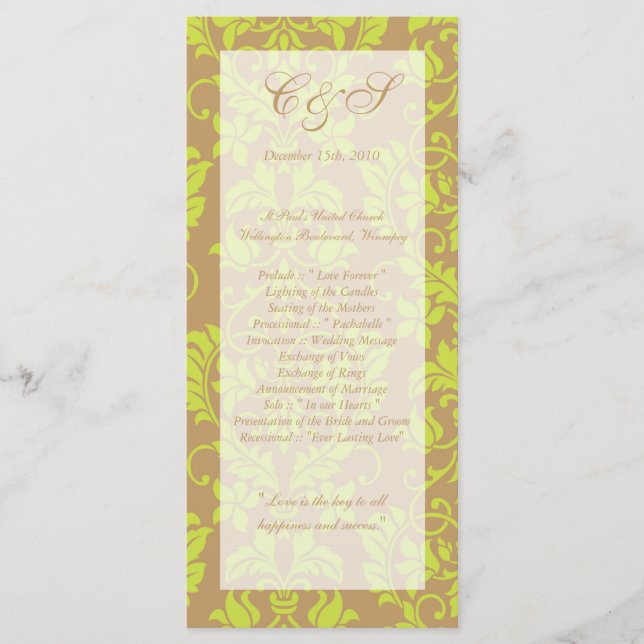 Programmes Brown et Lime Green Mariage damassé (Devant)