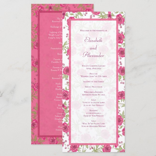 Programmes de mariage à la rose rose vif (Devant / Derrière)