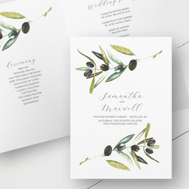 Programmes de mariage Aquarelle Olive plié (Rustic wedding program watercolor olive branch art by Victoria Grigaliunas of Do Tell A Belle)